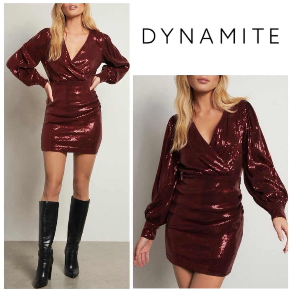 NWT Dynamite Roxy Robe Sequins Wrap Mini Dress in Port Royale (Burgundy) Flaw